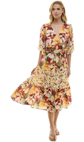 New NWT Figeroa Flower Flutter Sleeve Tiered Sunflower Floral Large Lined Yellow Size XL