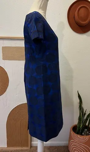 None Vintage Handmade 1960s Blue Tapestry Fabric Short Sleeve Knee Length Dress