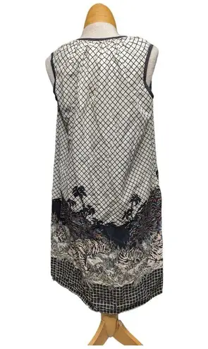 Vtg 1960s Smart Time Ivory Black Windowpane Tiger Print Zip Up House Dress S