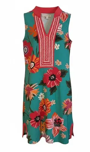Spartina 449 Spartina Turquoise Floral V-Neck Sleeveless Dress XS Cotton Blend Embroidery