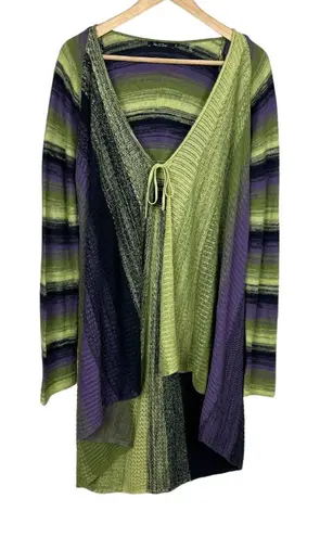 Nic+Zoe Cardigan Sweater Womens XL Green Purple Stripe Draped Front Long Sleeve