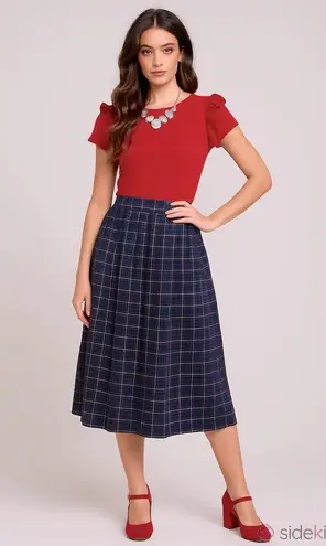 Vintage 60s 70s Wool Checkered Plaid A Line Skirt Size S Blue