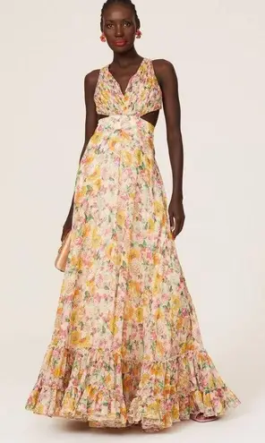 Mac Duggal 9174 Long Formal Multicolored Floral Print Chiffon Gown Dress Size 10