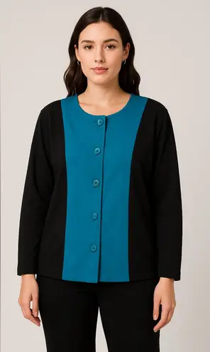 Vintage Colorblock Button Front Jacket – Black & Teal | Made in Canada | P2P 25” Blue Size XL
