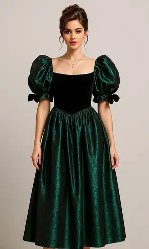 Laura Ashley Vintage Green Velvet and Taffeta Dress - Size 14