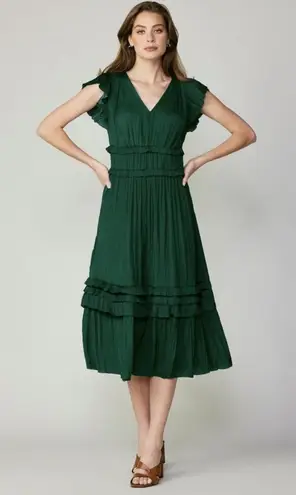 Current Air Anthropologie  emerald green short sleeve accordion midi dress L   thumbnail 1