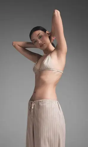 SKIMS Cotton Poplin Straight Leg Pant in Stone Stripe, Size Large