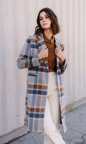Sage NWT Plaid Blue Brown Coat Sz Medium