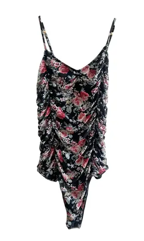 Free Press Bodysuit Black Ruby Floral Size Large NWT Ruched Romantic Coquette
