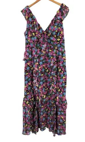 Amur EVITA Multicolor Floral Silk Chiffon Ruffle Maxi Dress Size 16 Blue