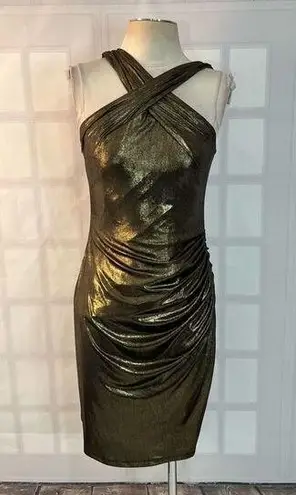 David Meister bronze gold halter cocktail party evening dress size 4