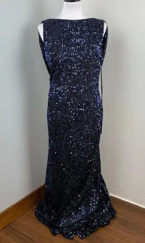 Mac Duggal Midnight Blue Cowl Back Boat Neck Sequined Evening Gown 12 $398 26331