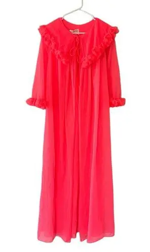 None Vintage 60’s Peignoir Chiffon Robe Hot Coral Pink Ruffles Size Small ILGWU Union