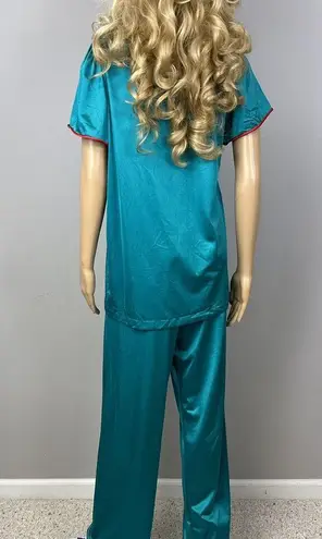 Vanity Fair Vintage Medium Lounge Set Quilted Yoke Teal Pajama Top Pants Nylon