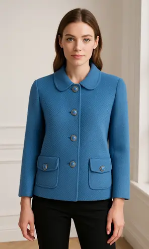 Kasper Coat Women 12 Blue Textured Collared Button Front Jacket Preppy Career