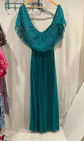 Vintage 70’s aquamarine lace top pleated maxi boho magical mermaid dress Blue