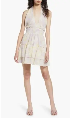 WAYF Dress Mabel Lavender Tropical Halter Coquette Ruffle Smocked Party Lined S