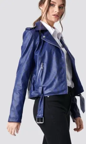 NA-KD Blue & Black Snakeskin Print Faux Leather Belted Biker Jacket Size Medium