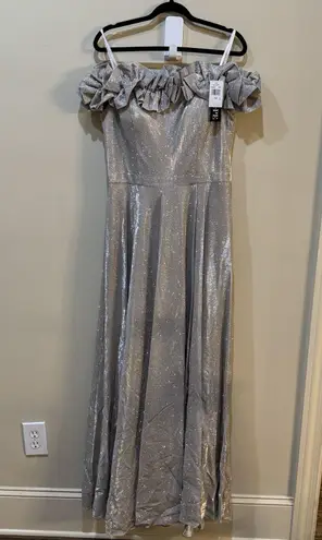 XScape Women's Off the Shoulder Ruffle Metallic Glitter Gown has Pockets size 14