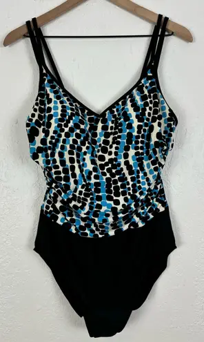 MiracleSuit Black/ Blue Dot V-Neck Double Strap One Piece Swimsuit Size 16