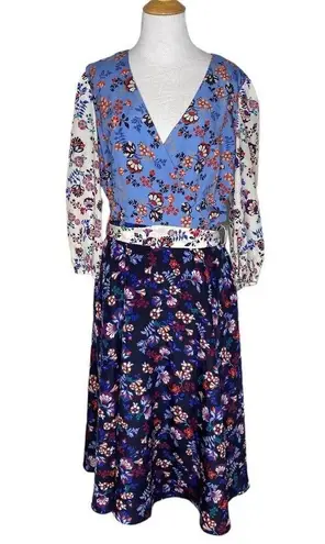 1901 Colorblock Floral V Neck Faux Wrap Tie at the Waist Dress Size 12