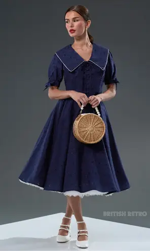 NWT British Retro Florence Navy Broderie Anglaise 50s Style Dress UK 14 US 10 Blue