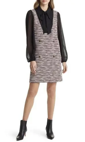 Julia Jordan Black Multicolor Tweed Bow Tie Pinafore Sleeves Mini Shirt Dress 8