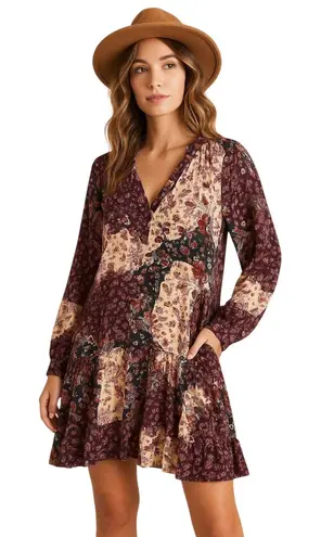 Adyson Parker Patchwork Floral Print Long Sleeve Tiered Ruffle Dress sz L Boho