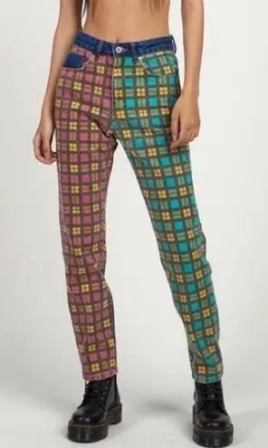 The Ragged Priest x Free People plaid jeans red yellow blue green color block mom