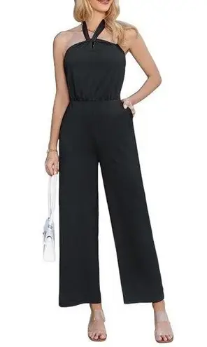 Grace Karin Jumpsuit Womens L Black Halter Romper Pocket Wide Leg High Waist B3