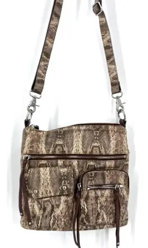 Chez Women's Fine Leather Snakeskin Embossed Crossbody Bag Brown Beige One Size