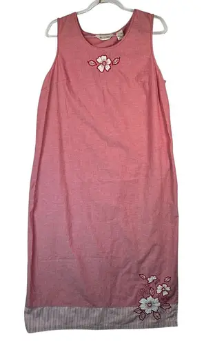 Vtg Bechamel Red Cotton Maxi Dress Floral Embroidered Striped Hem Summer 90s L Pink Size L