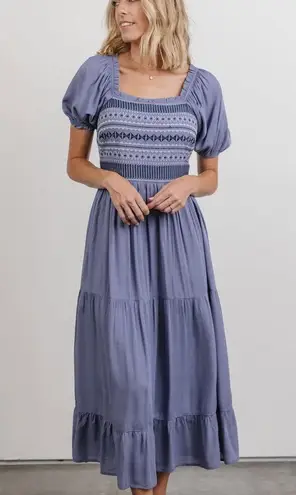 Baltic Born NEW Newcastle Blue Embroidered Puff Sleeve Smocked Midi Dress Large