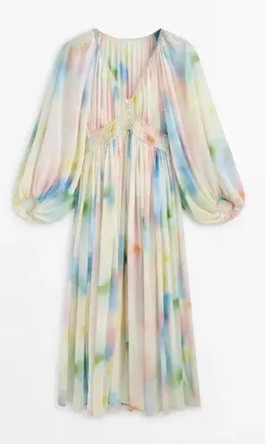 Massimo Dutti Studio Balloon Sleeve V-Neck Watercolor Maxi Dress Size XS NWT