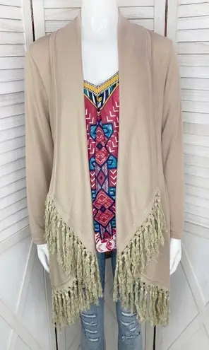 Boho Fringe Hem Waterfall Cardigan Knit Khaki Tan Small Open Front Long Sleeve