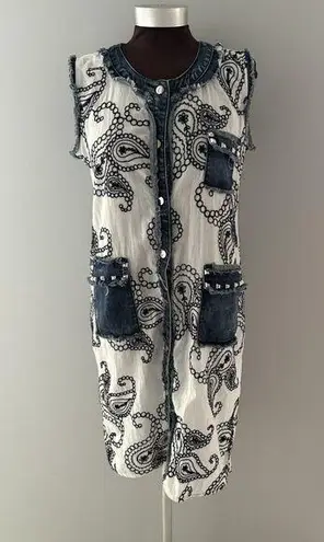 Adore Duster Size M White & Demin Paisley Embroidery Studded Long Vest Size M
