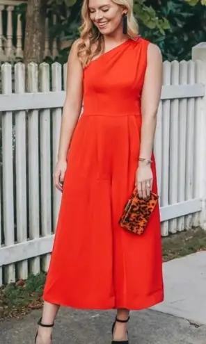 Gal Meets Glam Red Carmen One Shoulder Bow Wide Leg Jumpsuit