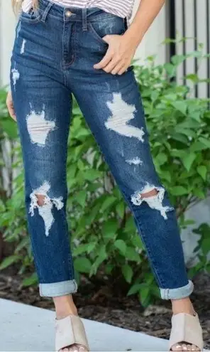 Judy Blue High Waist Destroyed Cuffed Boyfriend Jeans Dark Wash Size 29 | 8