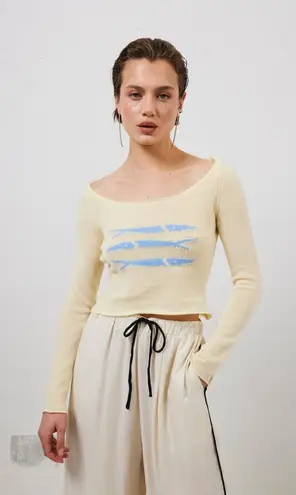 VRG GRL Crop Top Sweater Long Sleeve Knit Fish Pattern Yellow Womens Size M Size M