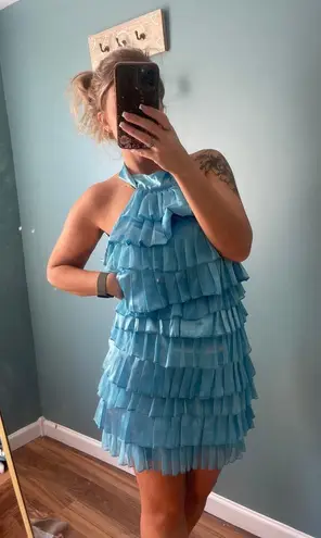 AX Paris Bright Blue Ruffle Halter Mini Dress