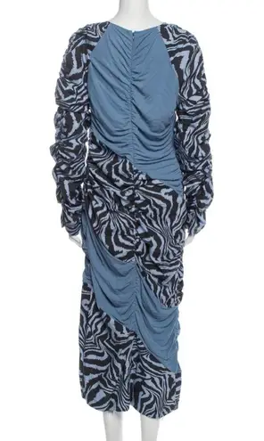 Ganni Ahluwalia X Collab Midi Dress Blue Ruched Animal Print Zebra Stripes 44 XL