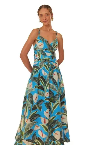 Farm Rio Women's Anthurium Garden Blue Cross Over Maxi Dress - L NWT