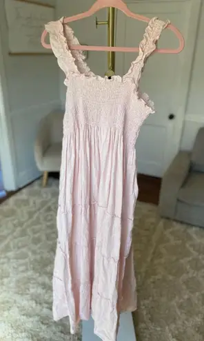 Quince Linen Smocked Maxi Dress Pink Ruffle Strap XL Cottagecore Parisian Garden