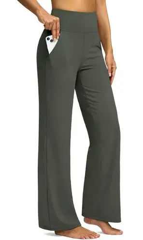 NWT ~ Olive Green Wide Flare Leg Yoga Pants & Pockets Activewear Leggings ~ XS