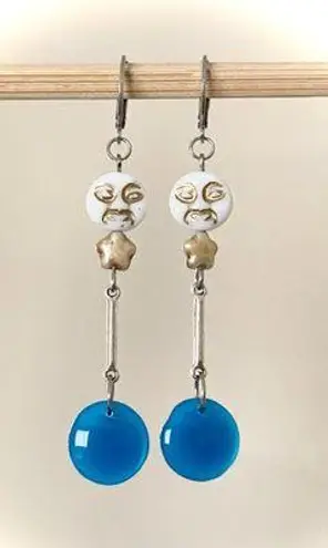 Handmade quality Czech glass moon & tiny star & blue round beads unique boho fairy whimsical grunge funky dangle earrings🌝⭐️