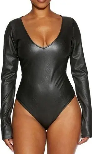 Naked Wardrobe Faux Leather Black Thong Bodysuit NEW size Small