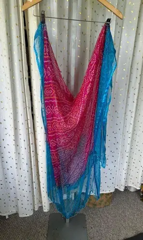 Unbranded Silky Sheer Bright Watercolor Ombre Beaded Trim Blue Pink Scarf Shawl