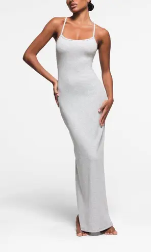 SKIMS Cotton Rib Long Cami Dress in Light Heather Grey, Size Medium