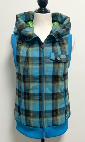 Burton Turquoise Blue Green Black Plaid Hooded Dry Ride Zip Up Collared Vest