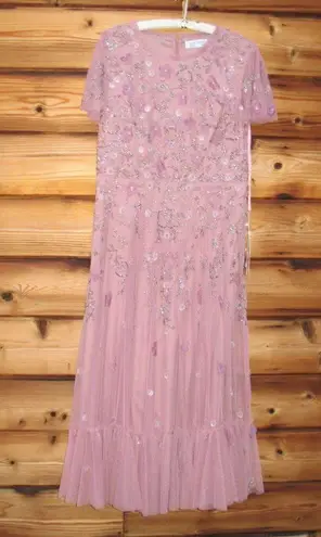 Mac Duggal NWT Embellished Illusion Cap Sleeve Column Gown Pink 2